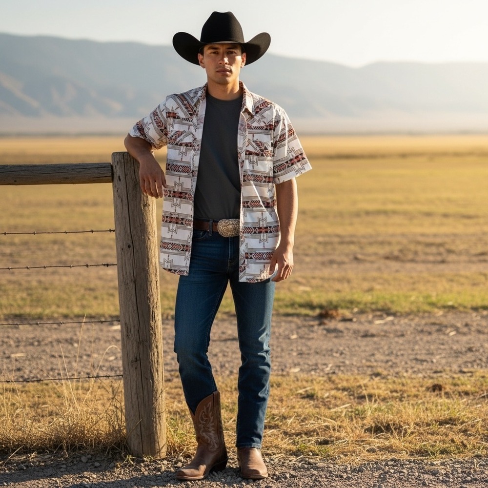 Rock and Roll Denim Mens Aztec Western Pearl Snap Shirt‎ XL Short Sleeve